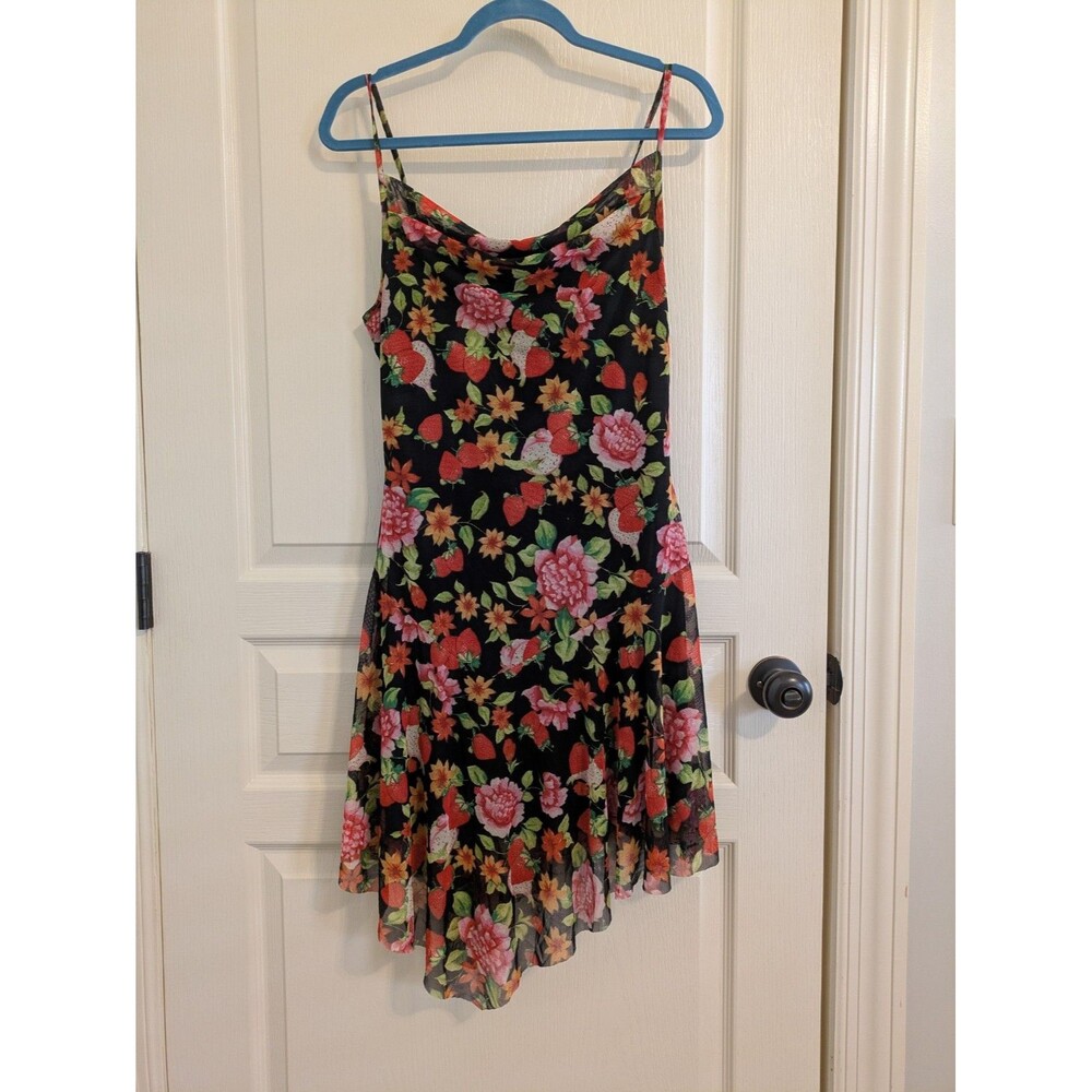 Liberty Love Asymmetrical Fruit Dress Strawberry Floral Mesh Cowl Neck Large